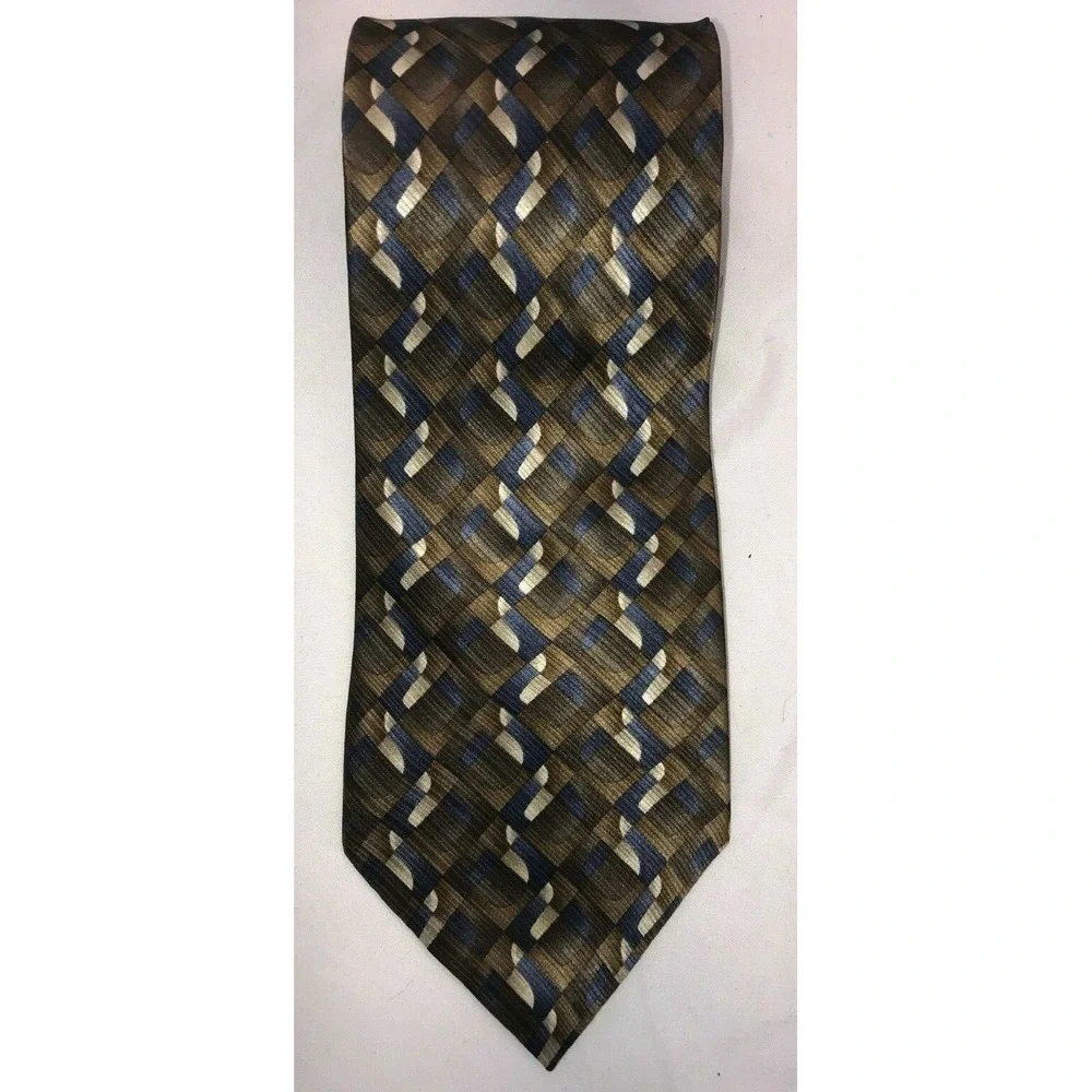 NOS Nubio Collezione Esclusivo Geometric Brown Tan Blue Silk‎ Neck Tie 58